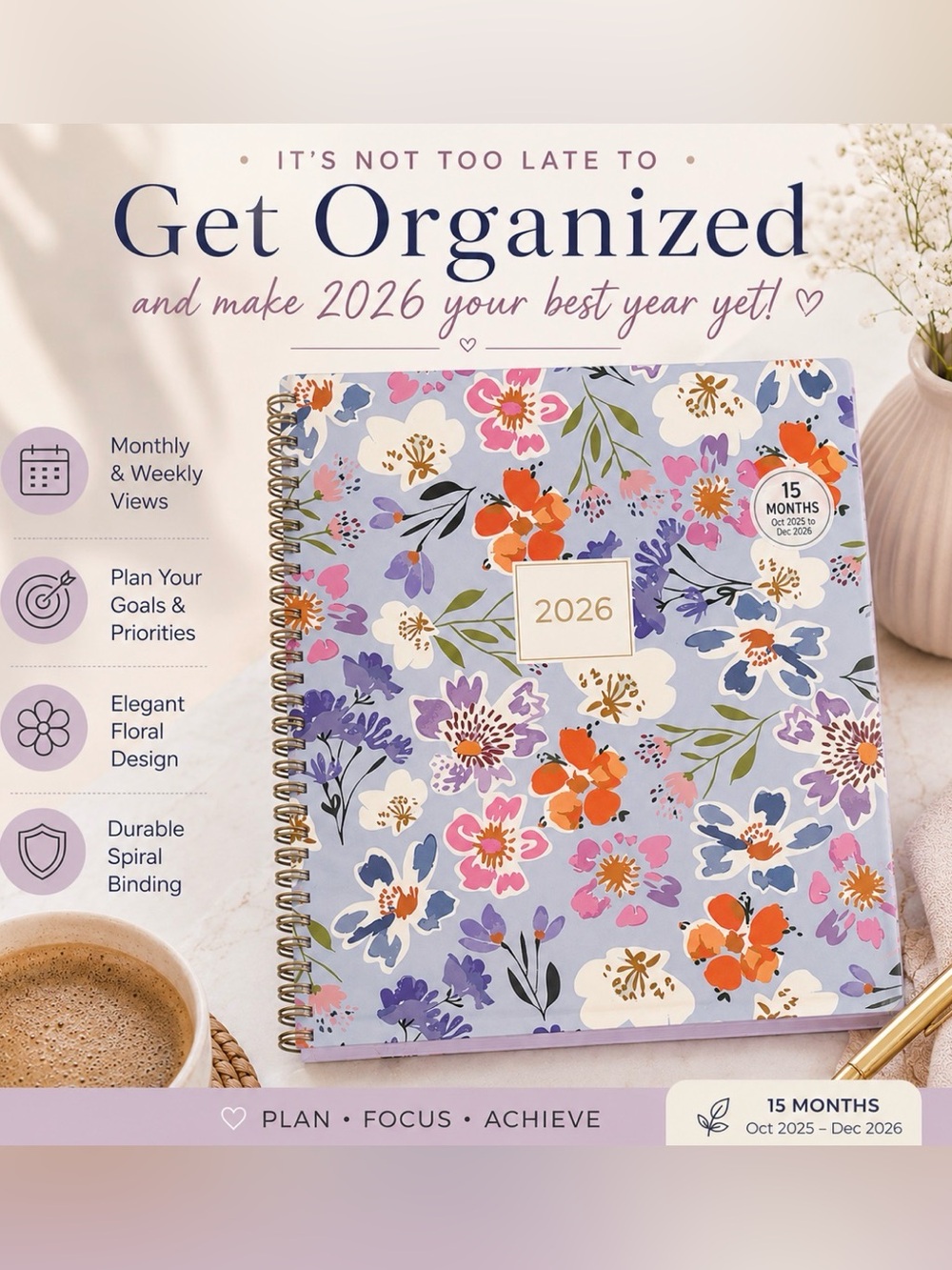 🌺2026  15-Month Floral Spiral Planner 🌺